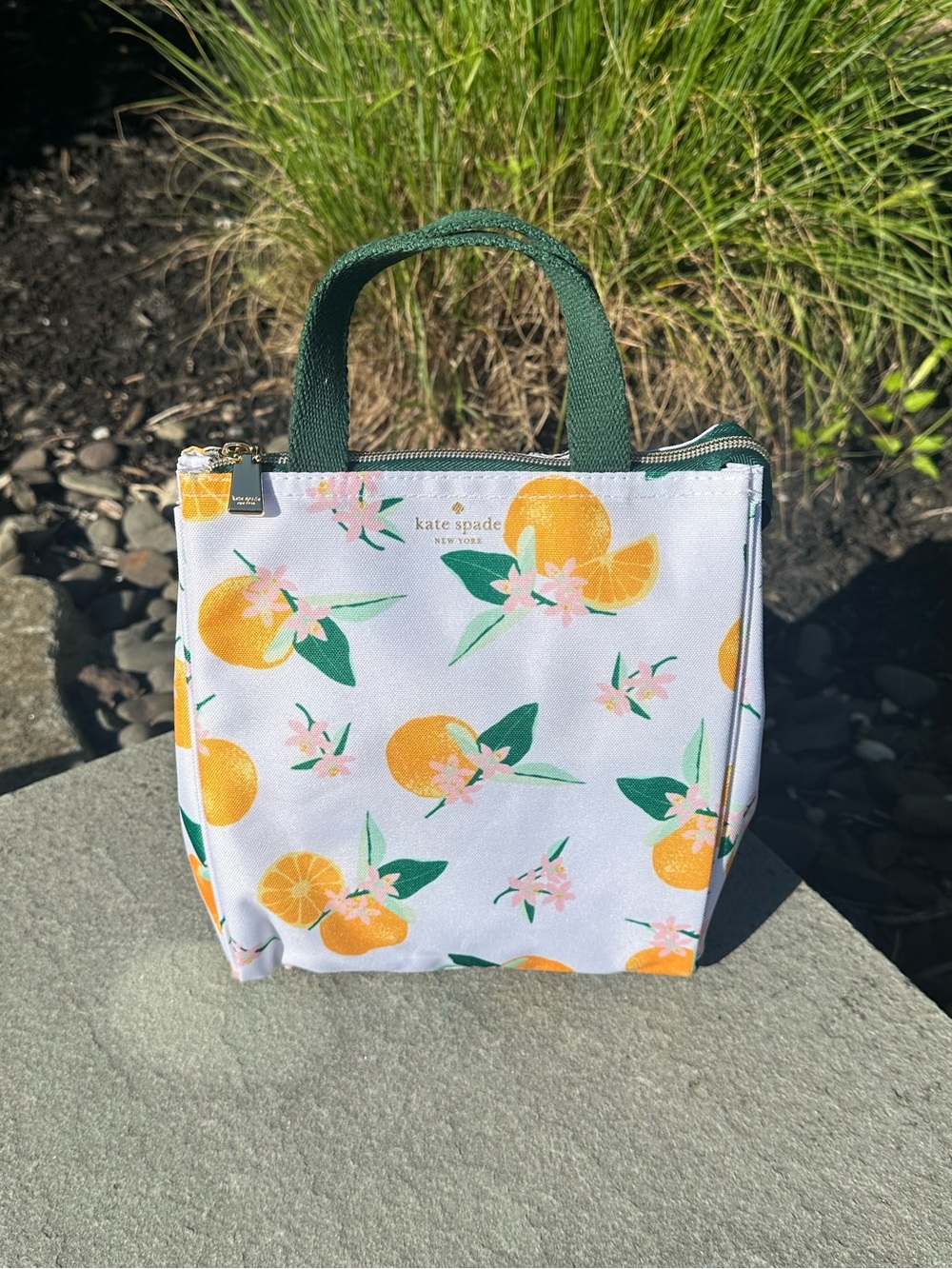 New kate spade White Citrus Print Tote with Green Handles & Insulated